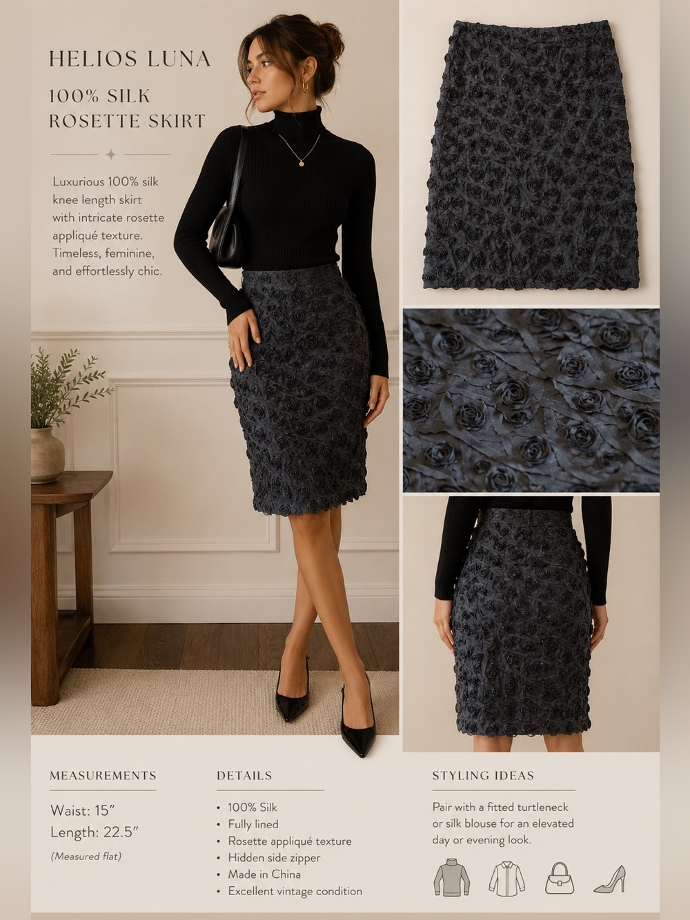 Helios Luna 100% Silk Rosette Pencil Skirt Black Floral Textured Size 4